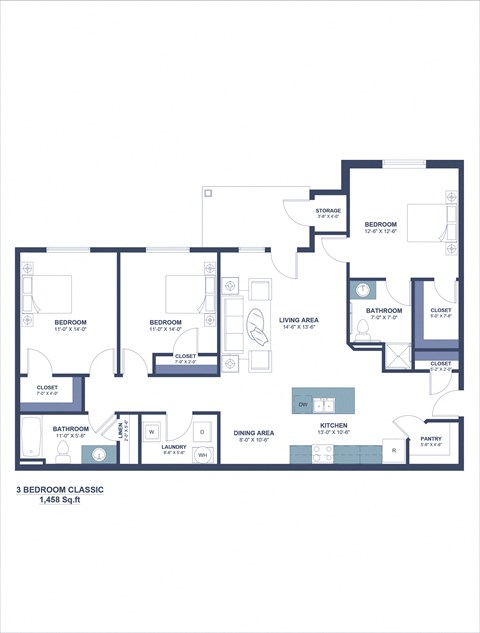 the typical floor plan of a 3 bedroom apartment